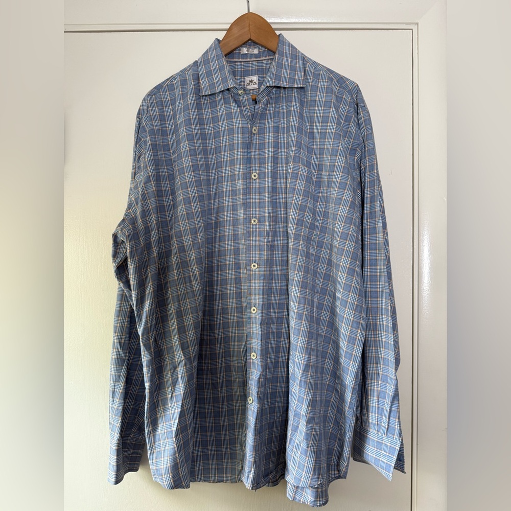 Peter Millar Men’s Plaid Button Front Shirt 100% Cotton Blue Yellow White XL